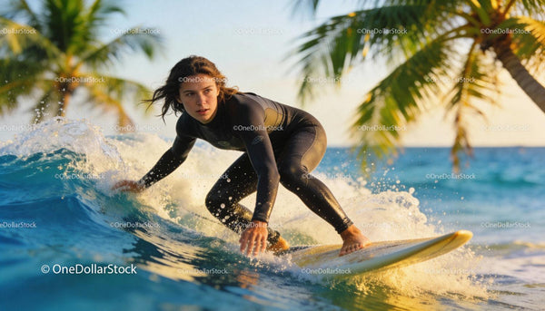 Focused young woman surfing near palm trees at sunset