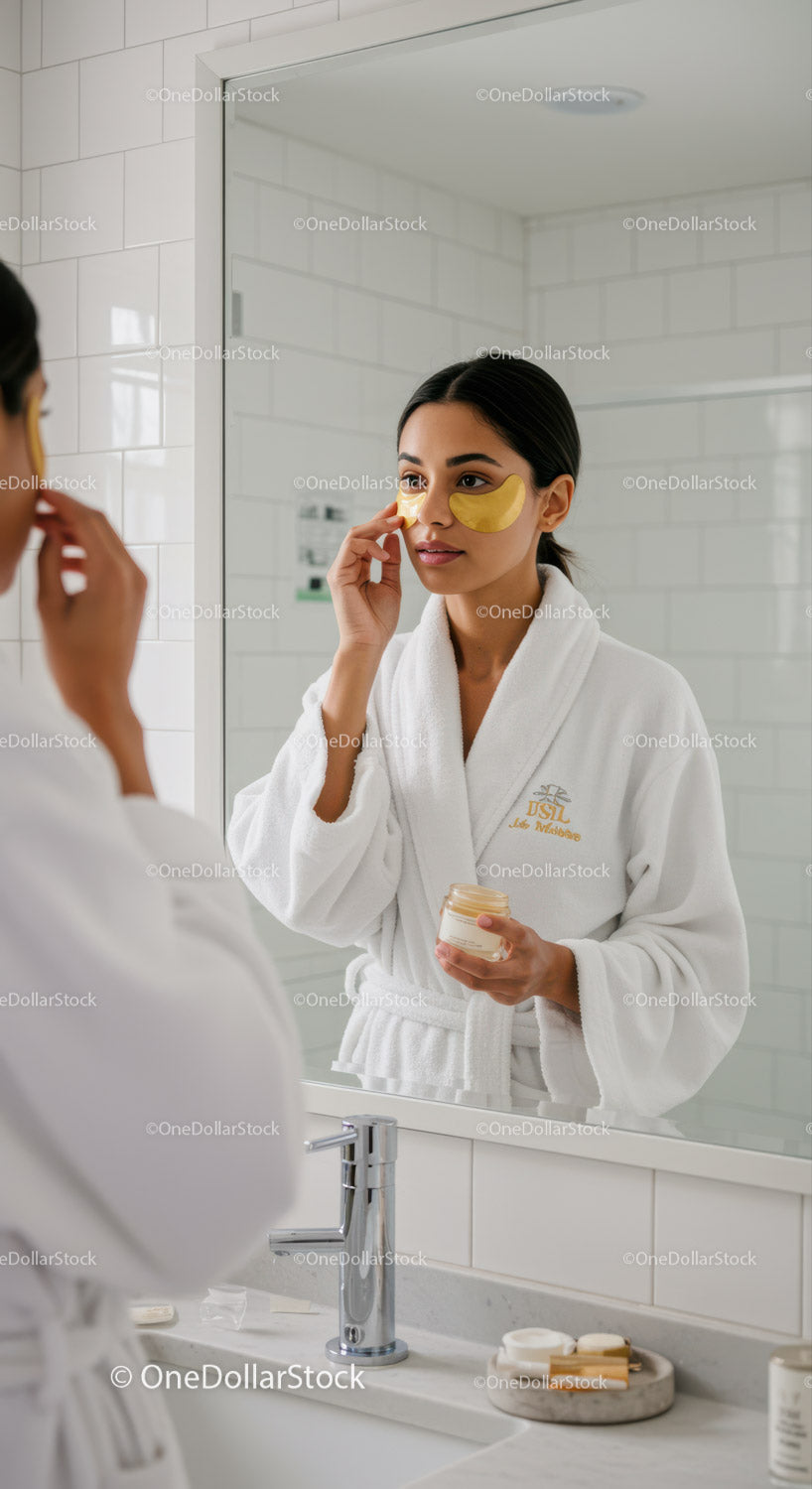 Woman Applying Eye Masks During Skincare Routine in Bathroom
