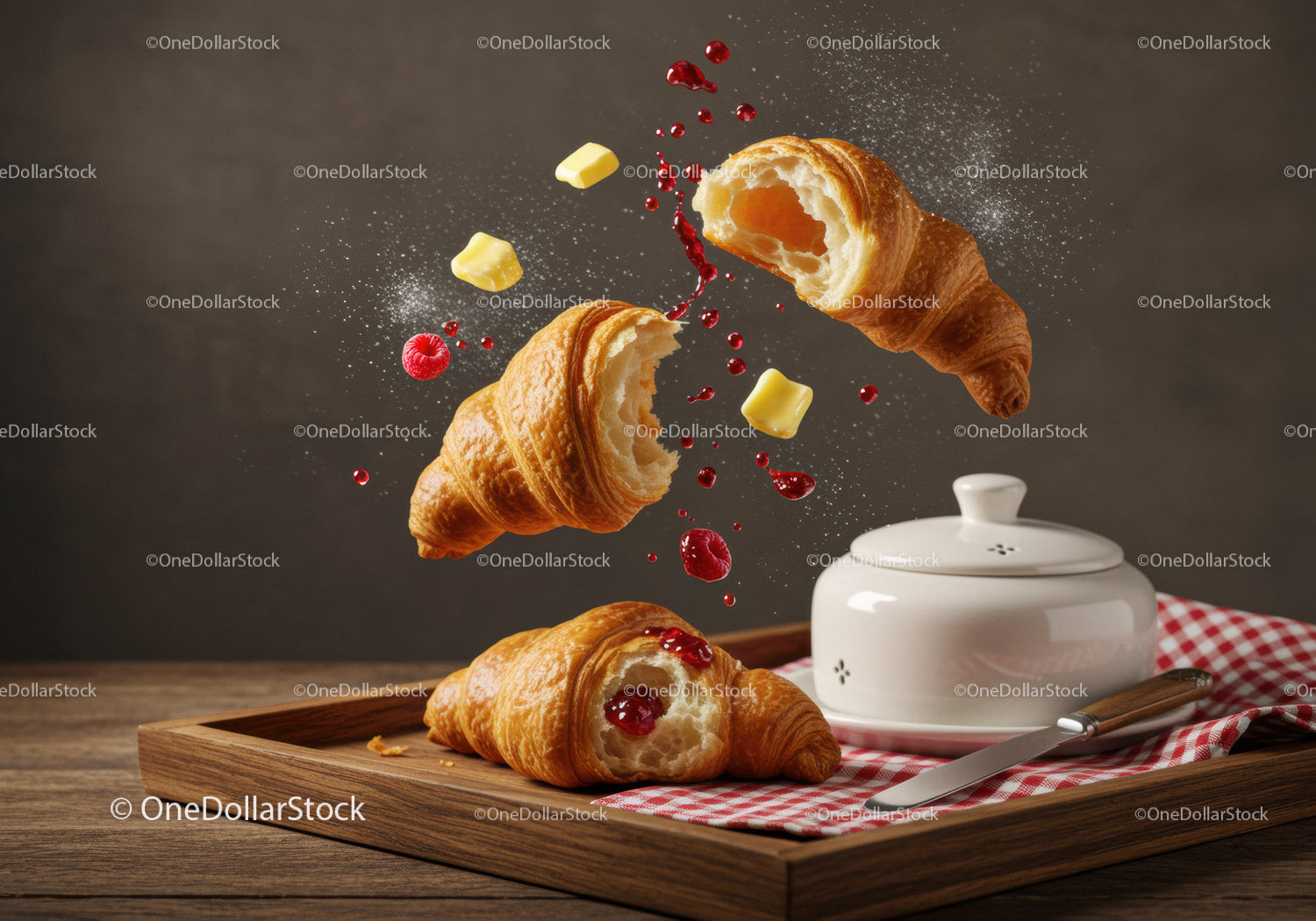 Fresh Croissants with Jam and Butter on Wooden Tray