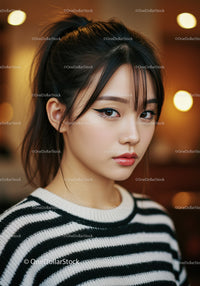 Young Woman with Winged Eyeliner in Casual Striped Sweater Lifestyle Portrait