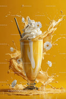 Creamy Milkshake with White Flowers Splashing in Glass on Yellow Background