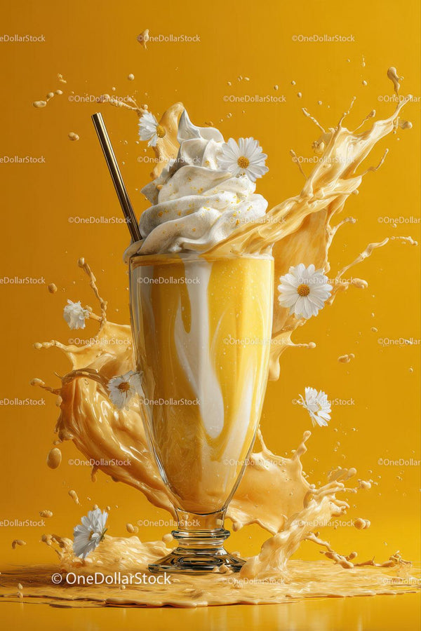 Kremowy Milkshake z Białymi Kwiatami Rozpryskującymi się w Szklance na Żółtym Tle