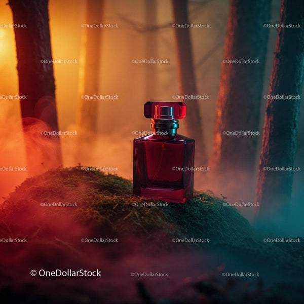 Red Perfume Bottle in Mystical Forest Scene with Fog and Colored Lighting JPG Mockup Image