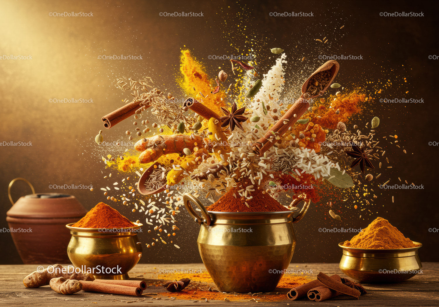 Explosive Mix of Indian Spices in Brass Bowls