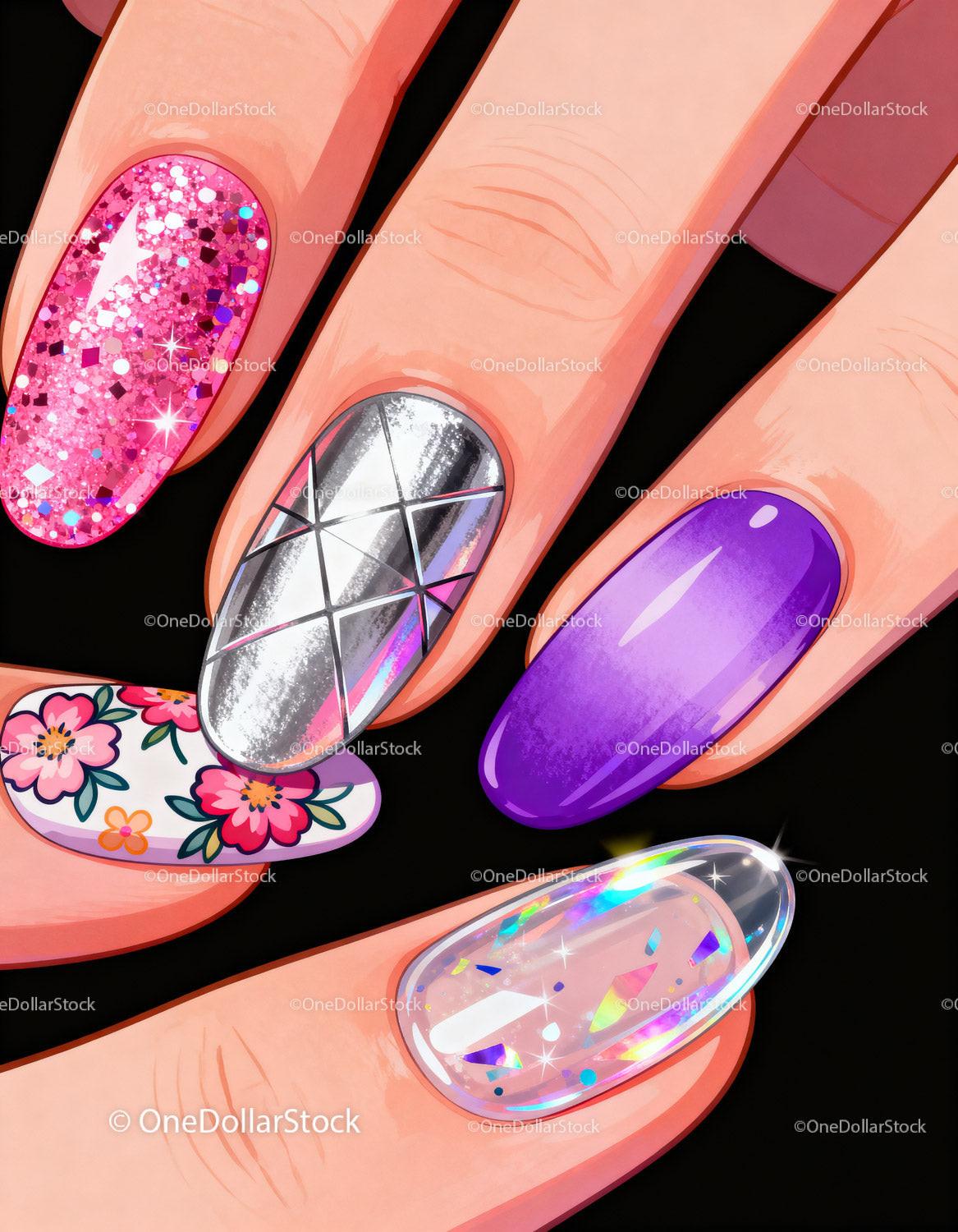 Colorful creative nail art with floral and glitter designs
