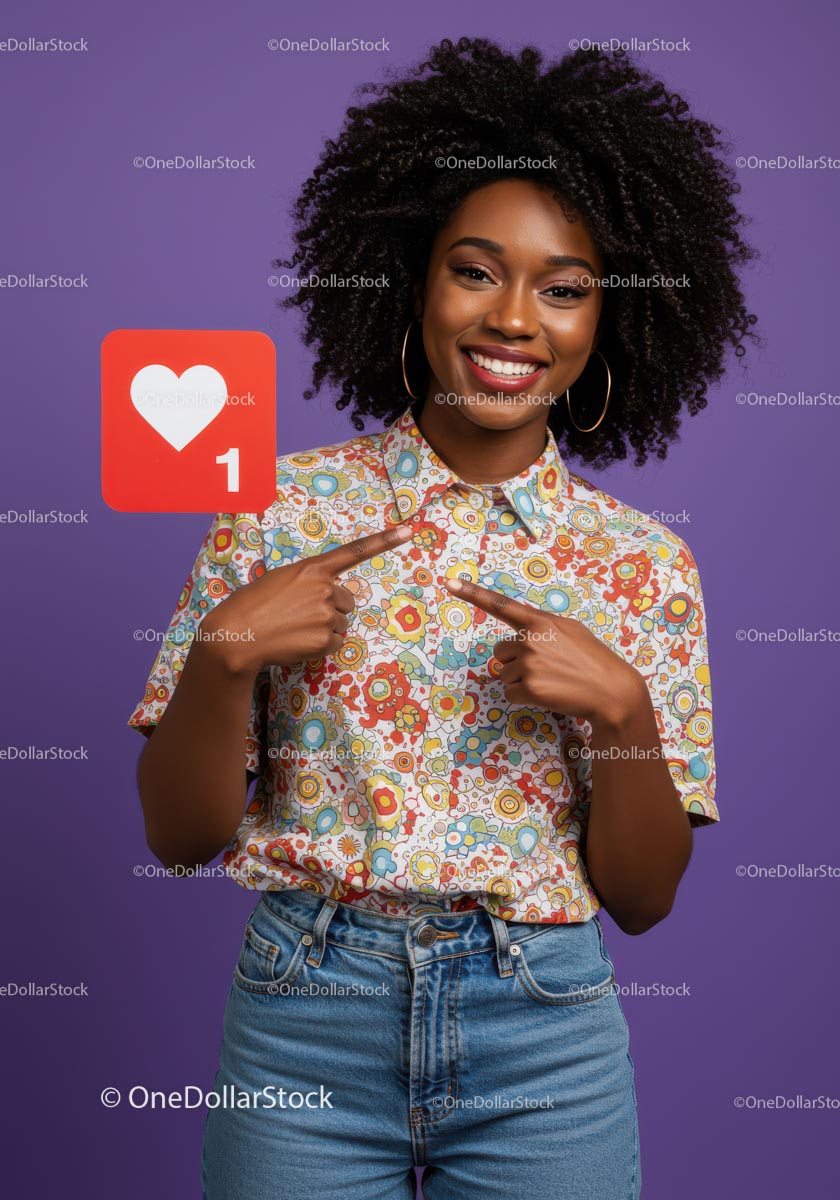 Happy Young Woman Pointing at Social Media Like Icon Against Purple Background
