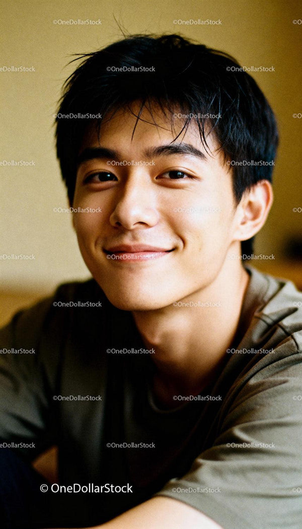 Smiling young man enjoying a quiet moment indoors