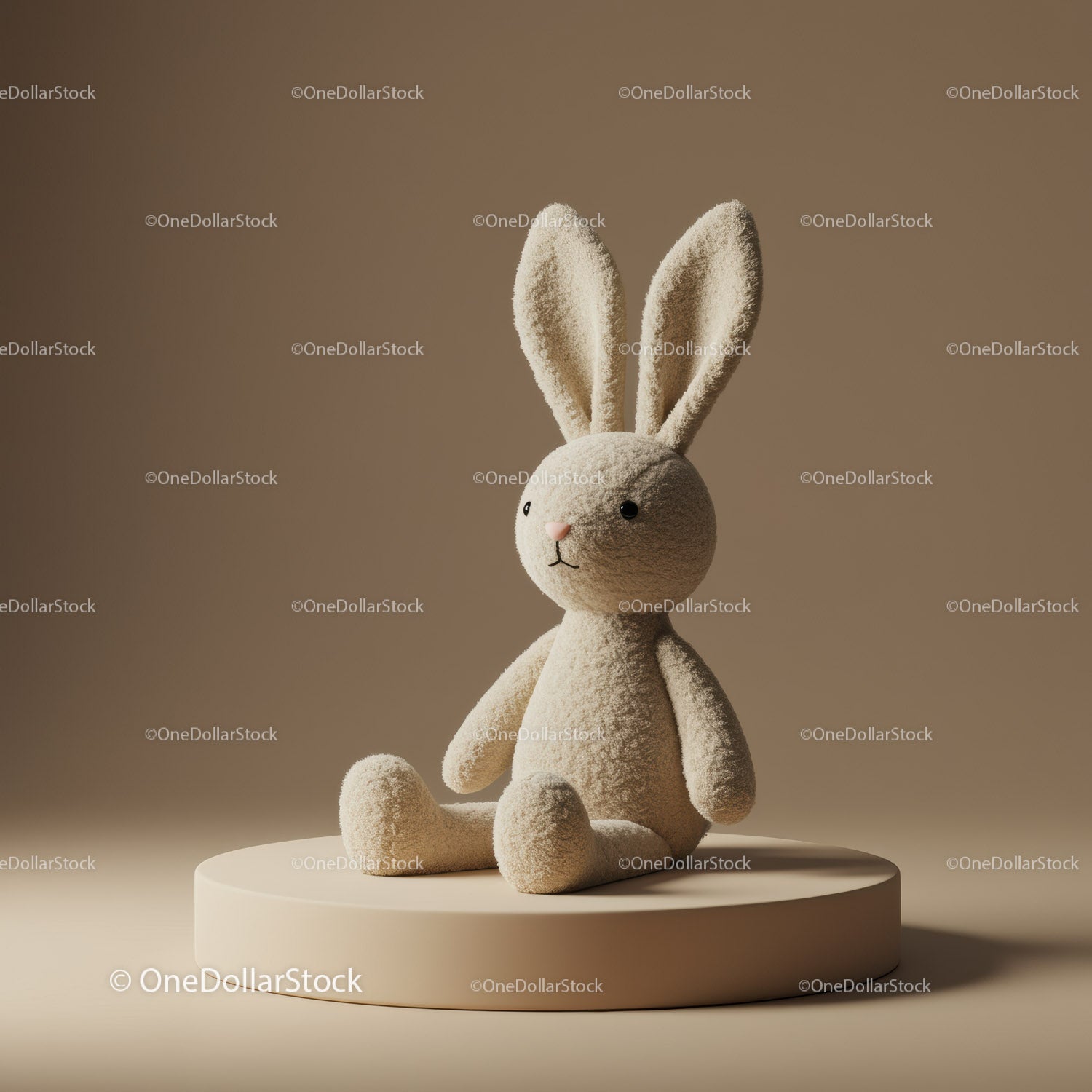Soft plush bunny toy sitting on beige pedestal