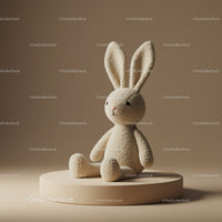 Soft plush bunny toy sitting on beige pedestal