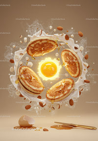 Golden pancakes with honey and nuts in floating splash