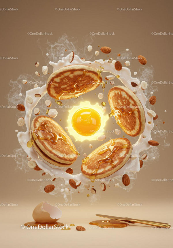 Golden pancakes with honey and nuts in floating splash