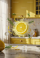 Fresh Lemon Slice Splash with Rosemary and Ice Cubes