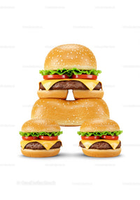 Three cheeseburgers with fresh lettuce and tomato on white