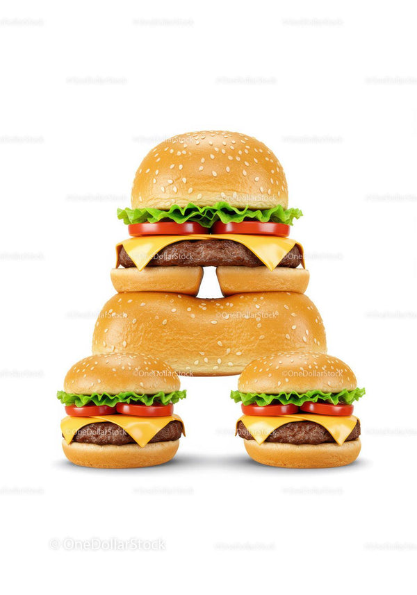 Three cheeseburgers with fresh lettuce and tomato on white