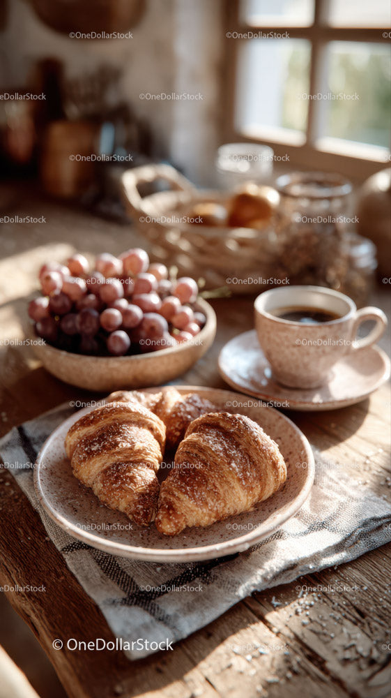 Świeże croissanty i kawa na rustykalnym drewnianym stole