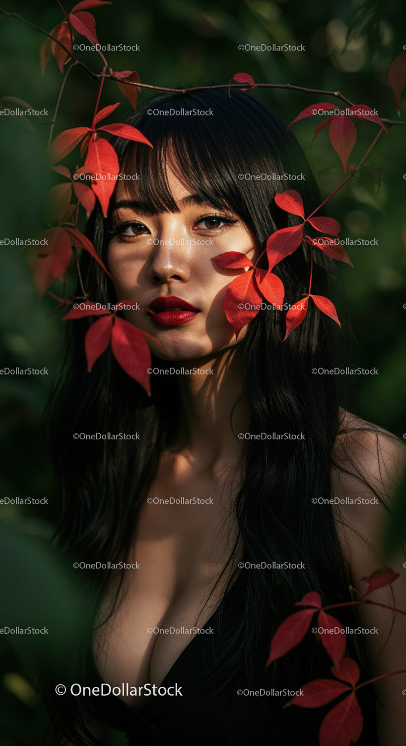 Elegant Woman Surrounded by Red Leaves in Natural Outdoor Setting