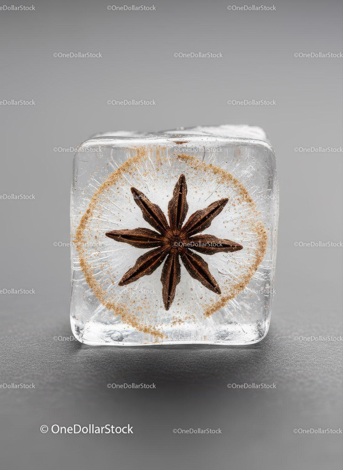 Star Anise Encased in a Clear Ice Cube Close Up