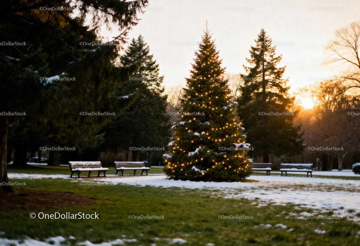 Christmas tree lit with warm lights in snow-covered park