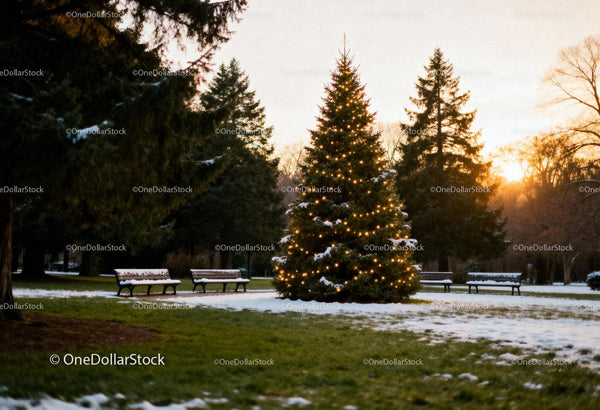 Christmas tree lit with warm lights in snow-covered park