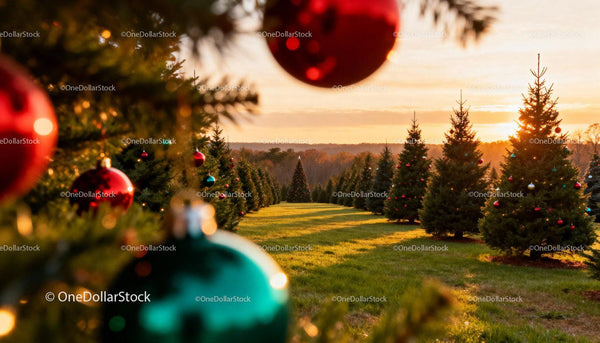 Christmas tree farm decorated with colorful ornaments at sunset