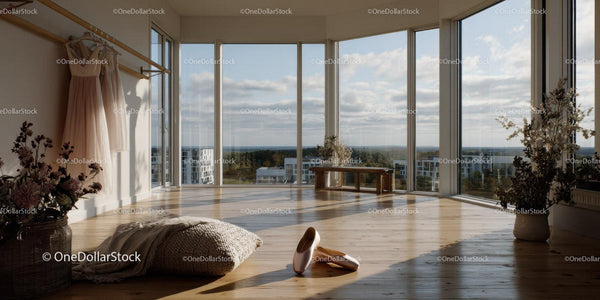 Nowoczesny salon z panoramicznym widokiem na miasto i oknami od podłogi do sufitu