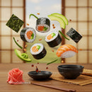 Fresh sushi rolls with avocado and soy sauce drop