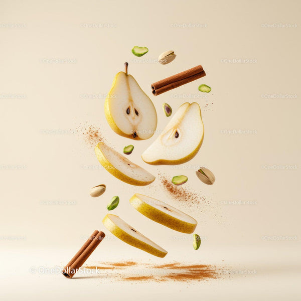Floating pear slices with cinnamon and pistachios