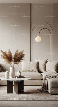 Cozy living room with beige sofa and modern decor