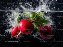 Fresh Radishes with Leafy Greens Splashing into Water