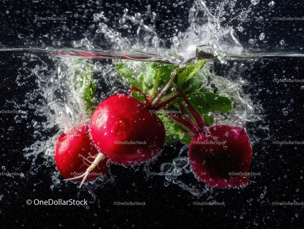 Fresh Radishes with Leafy Greens Splashing into Water