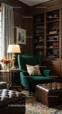 Cozy reading nook with green armchair and warm lighting