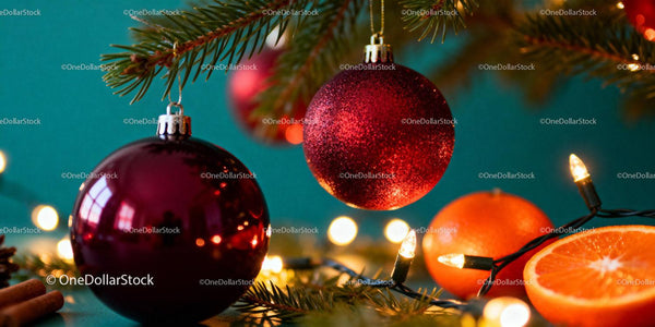 Red Christmas Ornaments with Citrus and Festive Lights