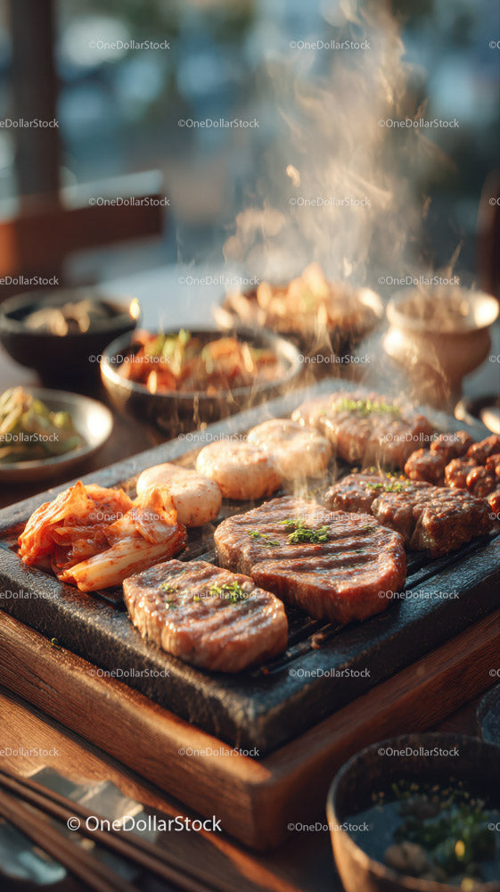 Savory Grilled Steak with Kimchi and Side Dishes on Outdoor Barbecue