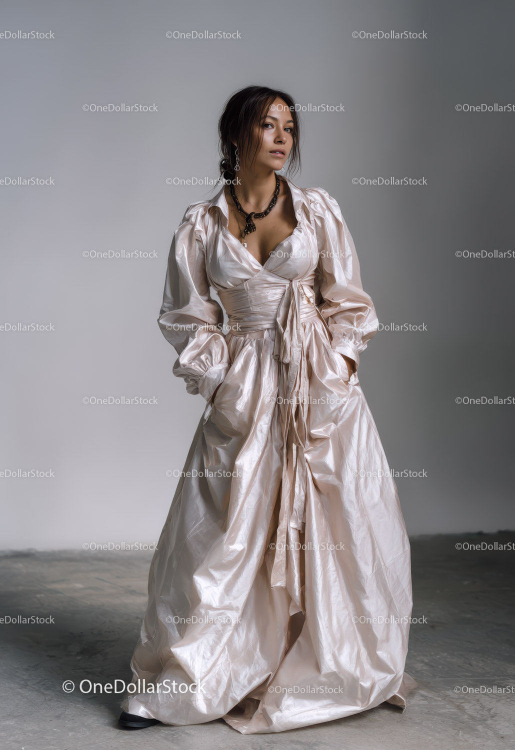 Elegant Woman in Satin Dress with Statement Jewelry