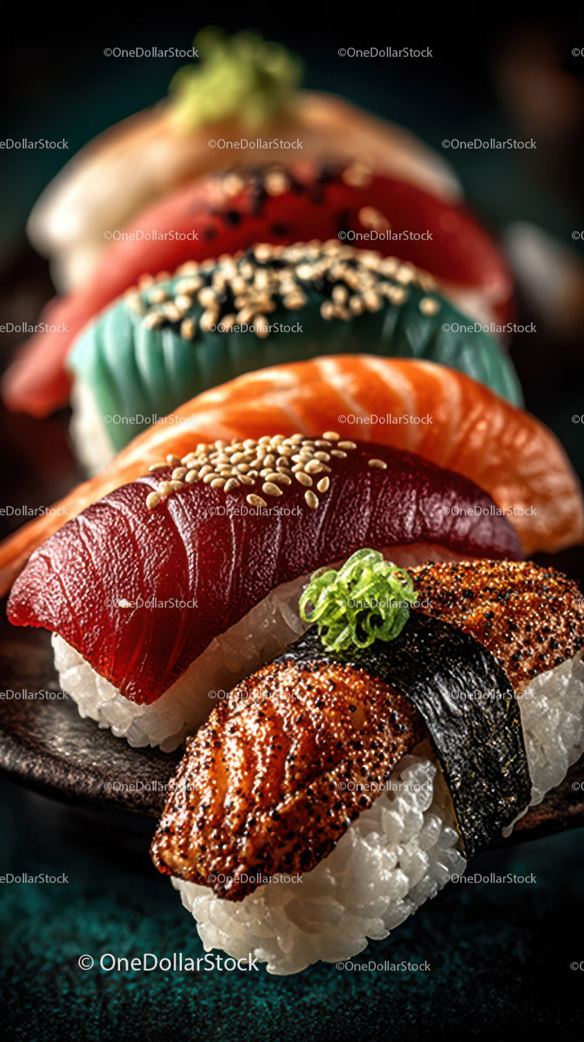 Colorful Assorted Sushi Platter with Fresh Fish and Sesame Seeds