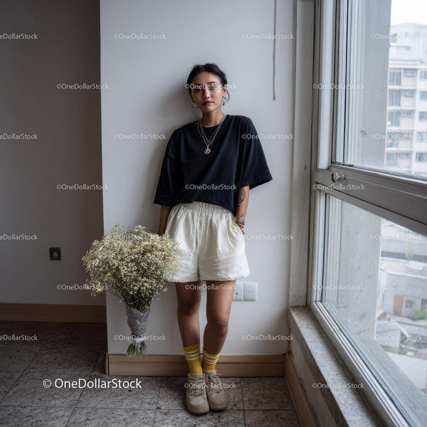 Young Woman in Casual Streetwear Standing Near Window in Urban Setting