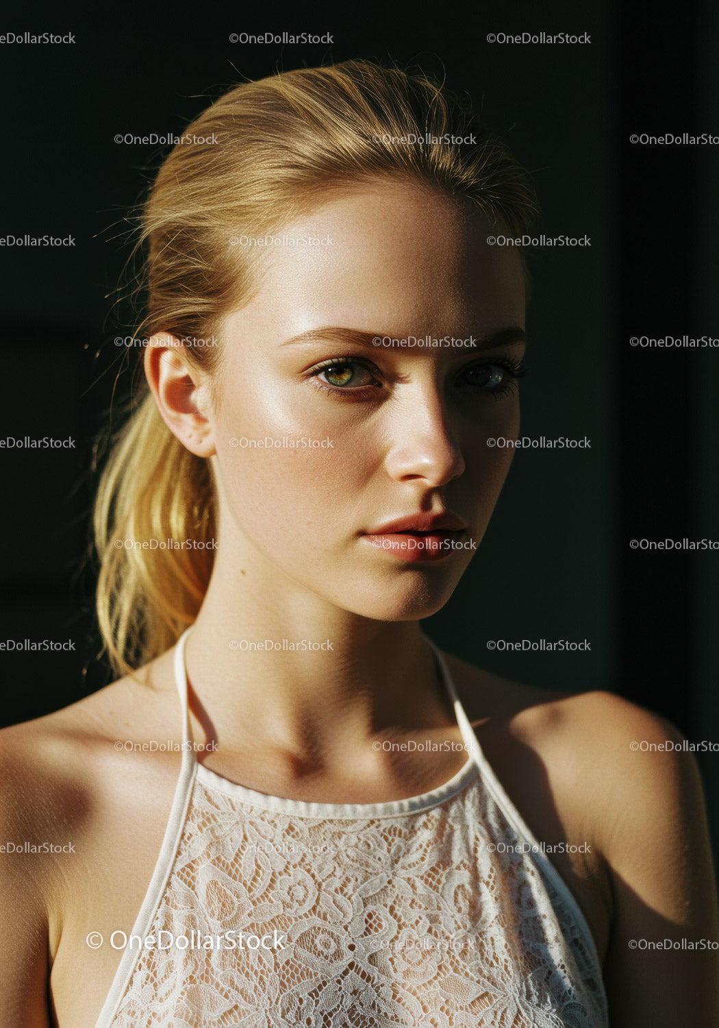 Elegant Young Woman Portrait with Stylish Lace Top and Confident Look
