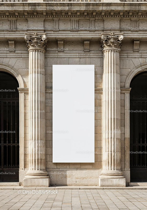 Classic architecture with blank vertical billboard between columns JPG Mockup Image