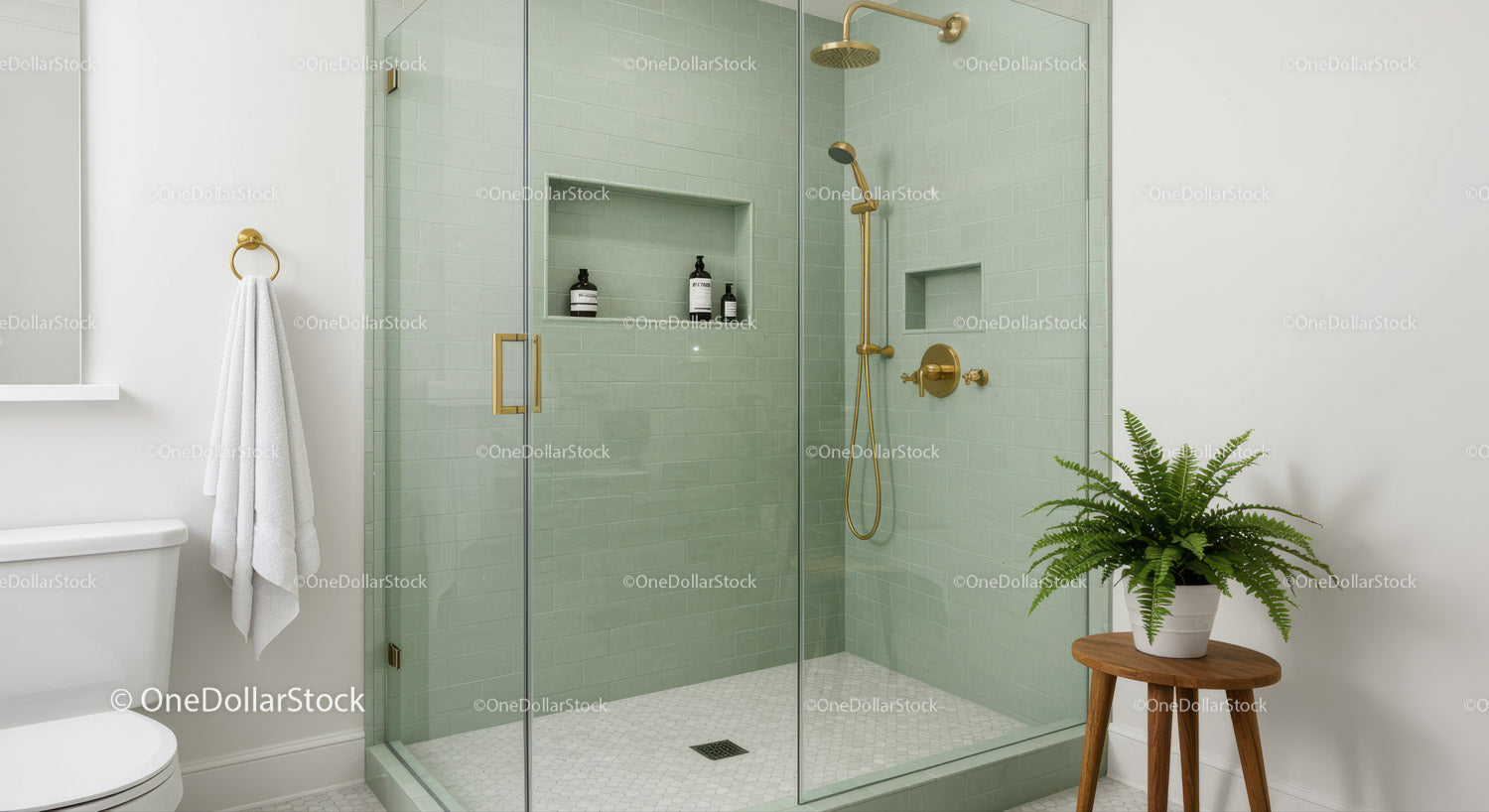Modern bathroom with glass shower and gold fixtures