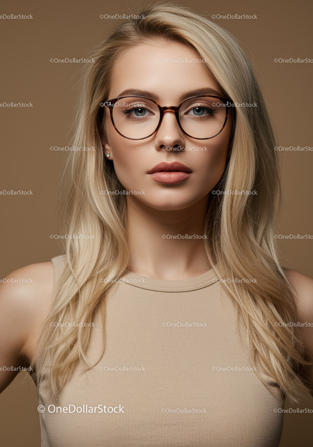 Elegancka blondynka w okularach na profesjonalnym portrecie studyjnym