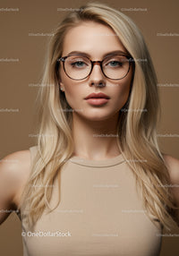 Elegant Blonde Woman Wearing Glasses in Professional Studio Portrait