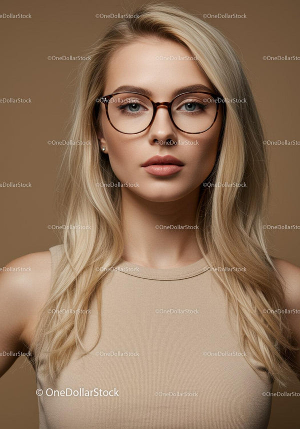 Elegancka blondynka w okularach na profesjonalnym portrecie studyjnym