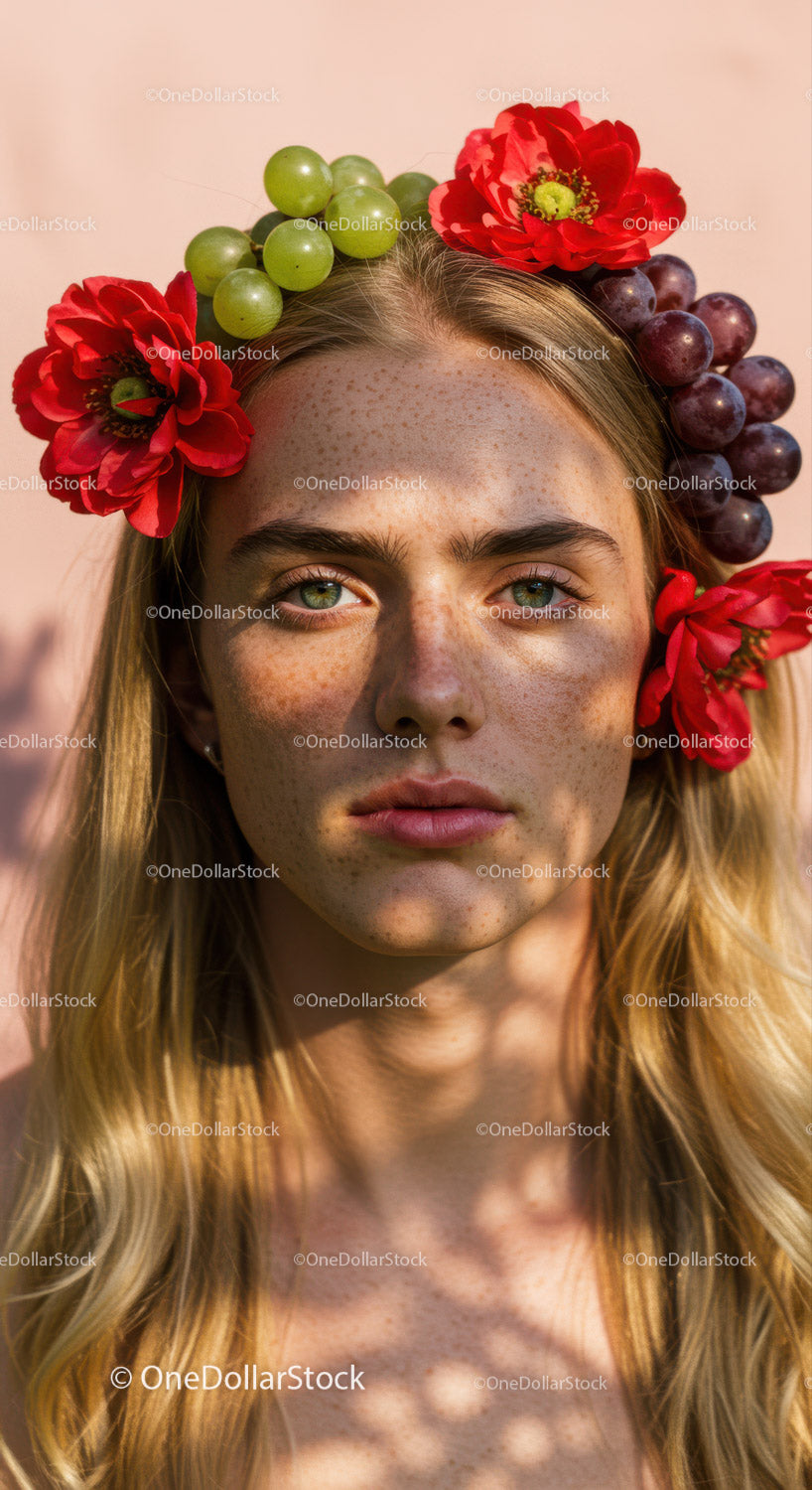 Beautiful Woman Wearing Floral Crown with Red Alstroemeria and Grape Flowers
