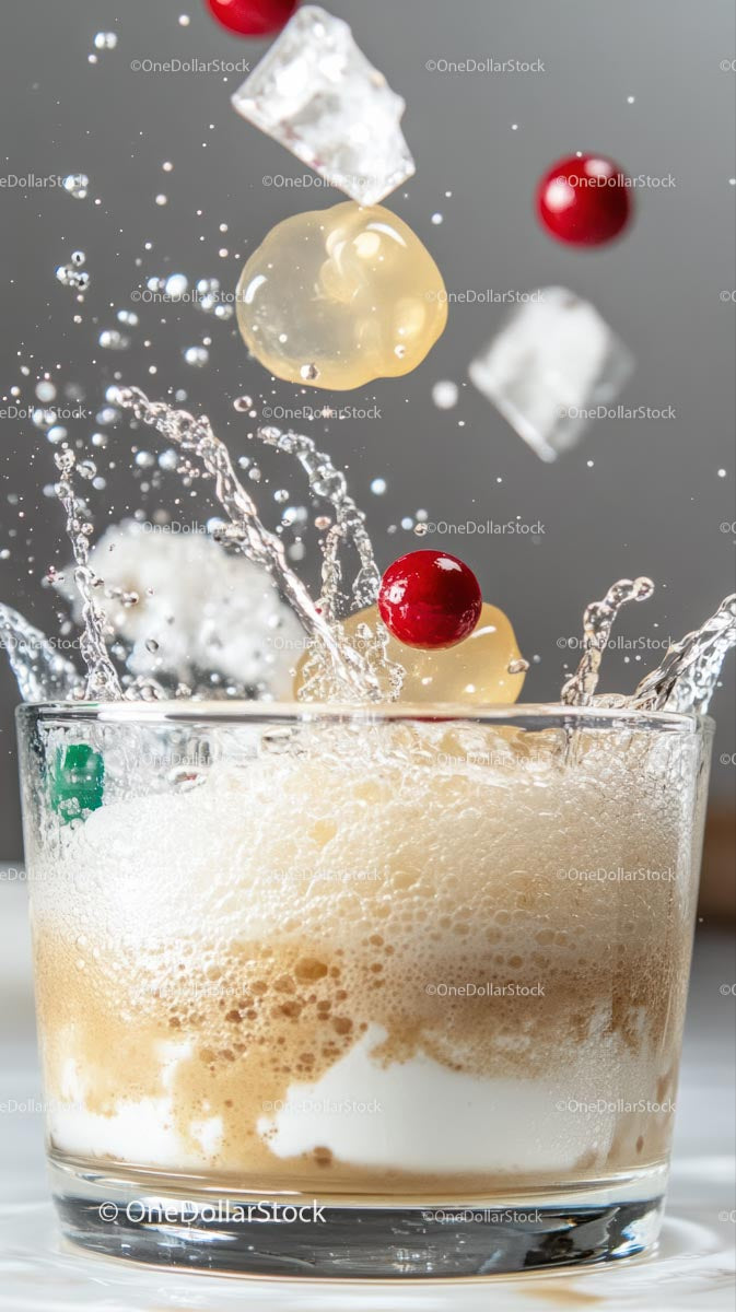 Ice and Berry Splash in Glass with Creamy Foam Beverages