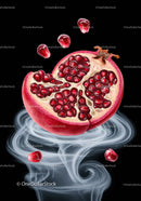 Fresh pomegranate seeds swirling with white smoke