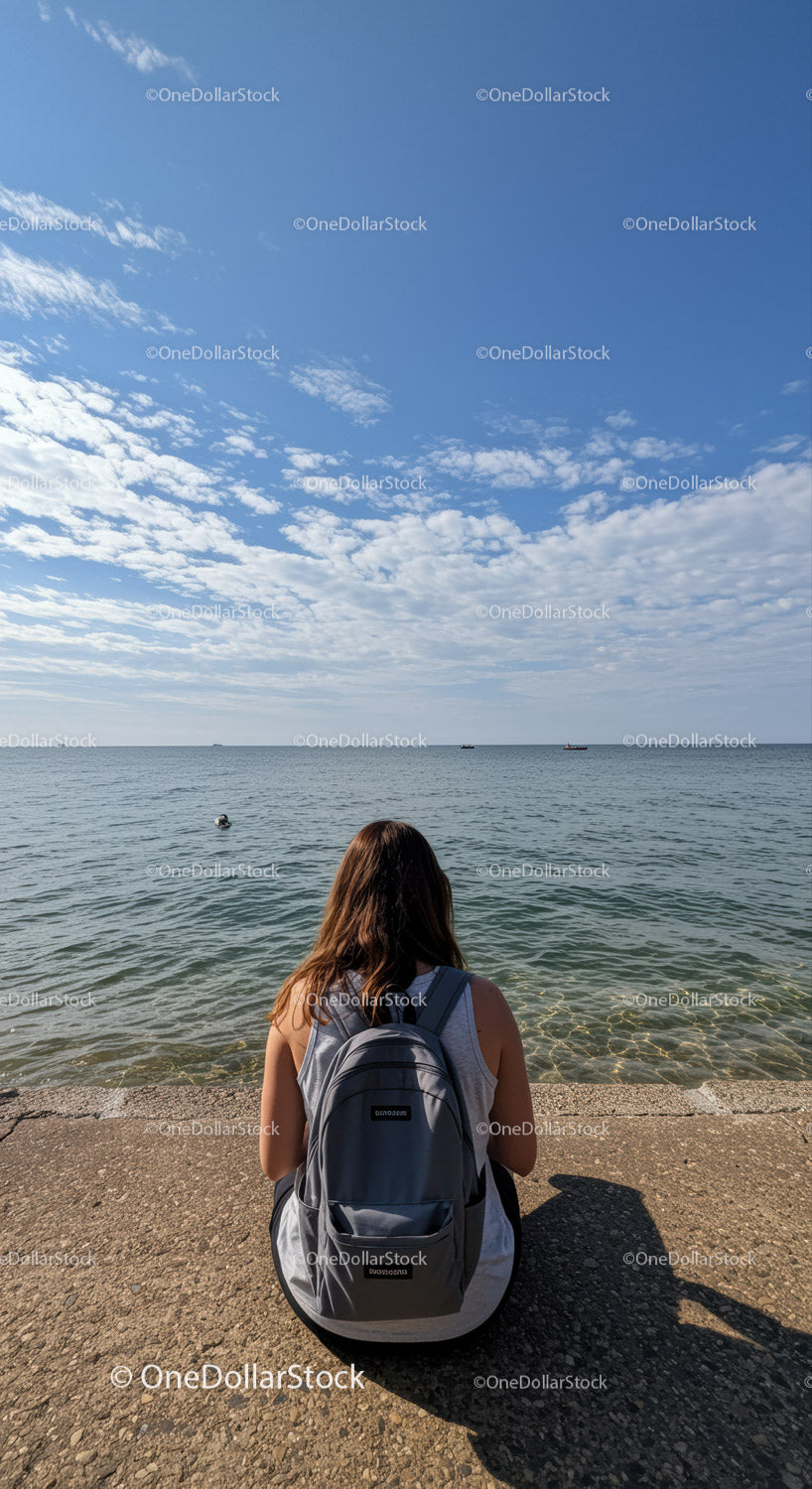 Young woman sitting by the sea enjoying tranquil view