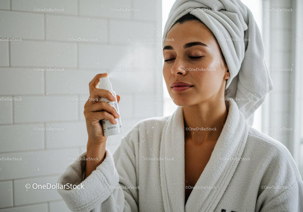 Calm woman enjoying facial mist skincare routine