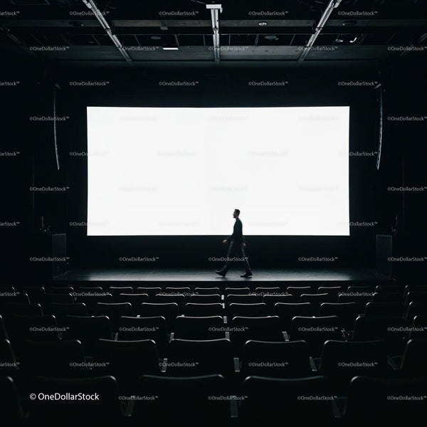 Man walking across empty dark movie theater stage JPG Mockup Image