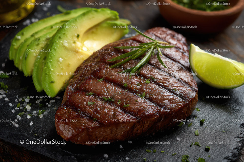 Juicy Grilled Steak with Fresh Avocado and Garlic on Rustic Board