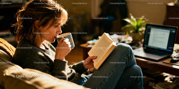 Young woman enjoying coffee while reading at home